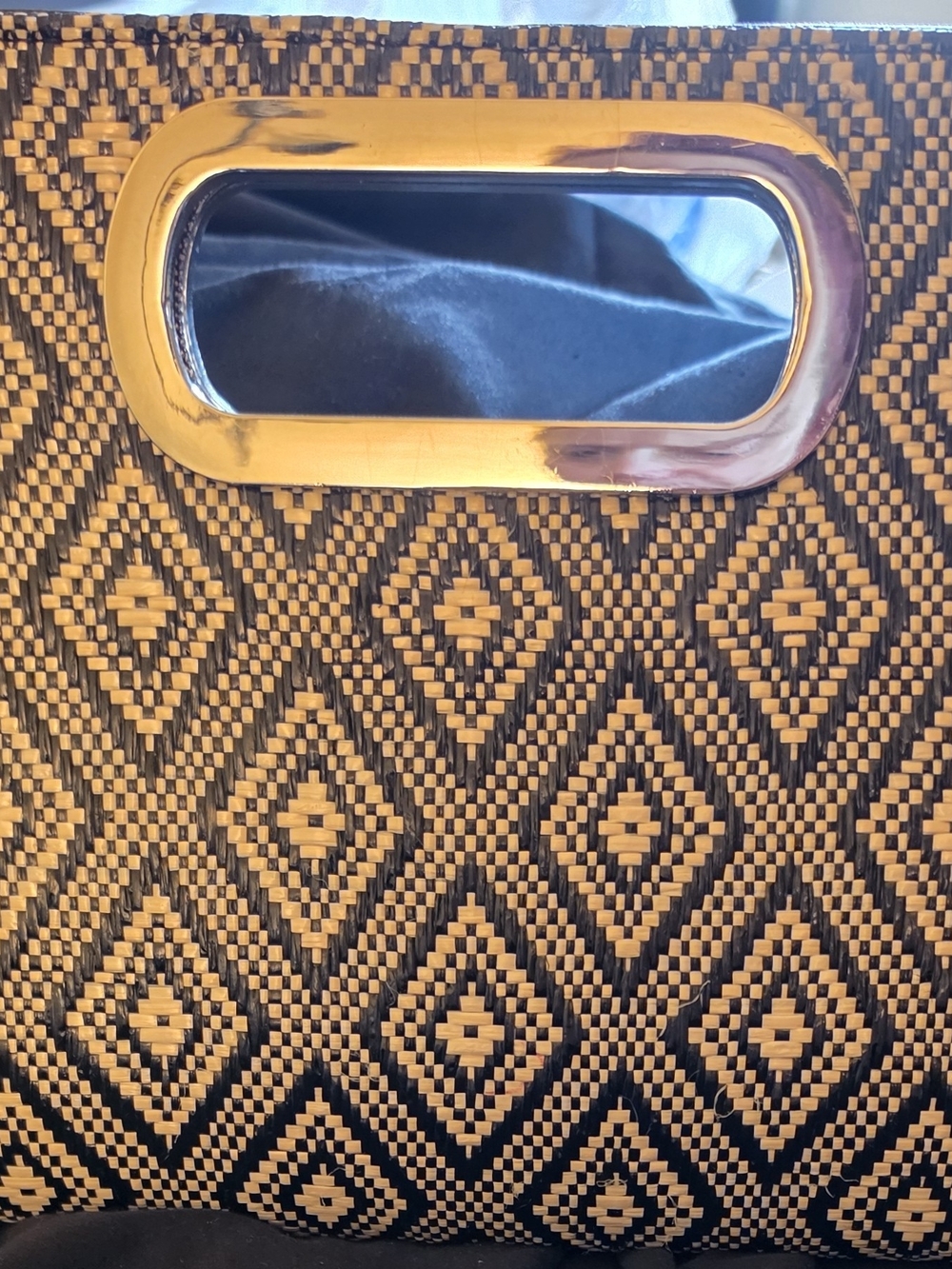 Black Beige Geometric Clutch Bag with a Metallic Silver Top Handle By Cato